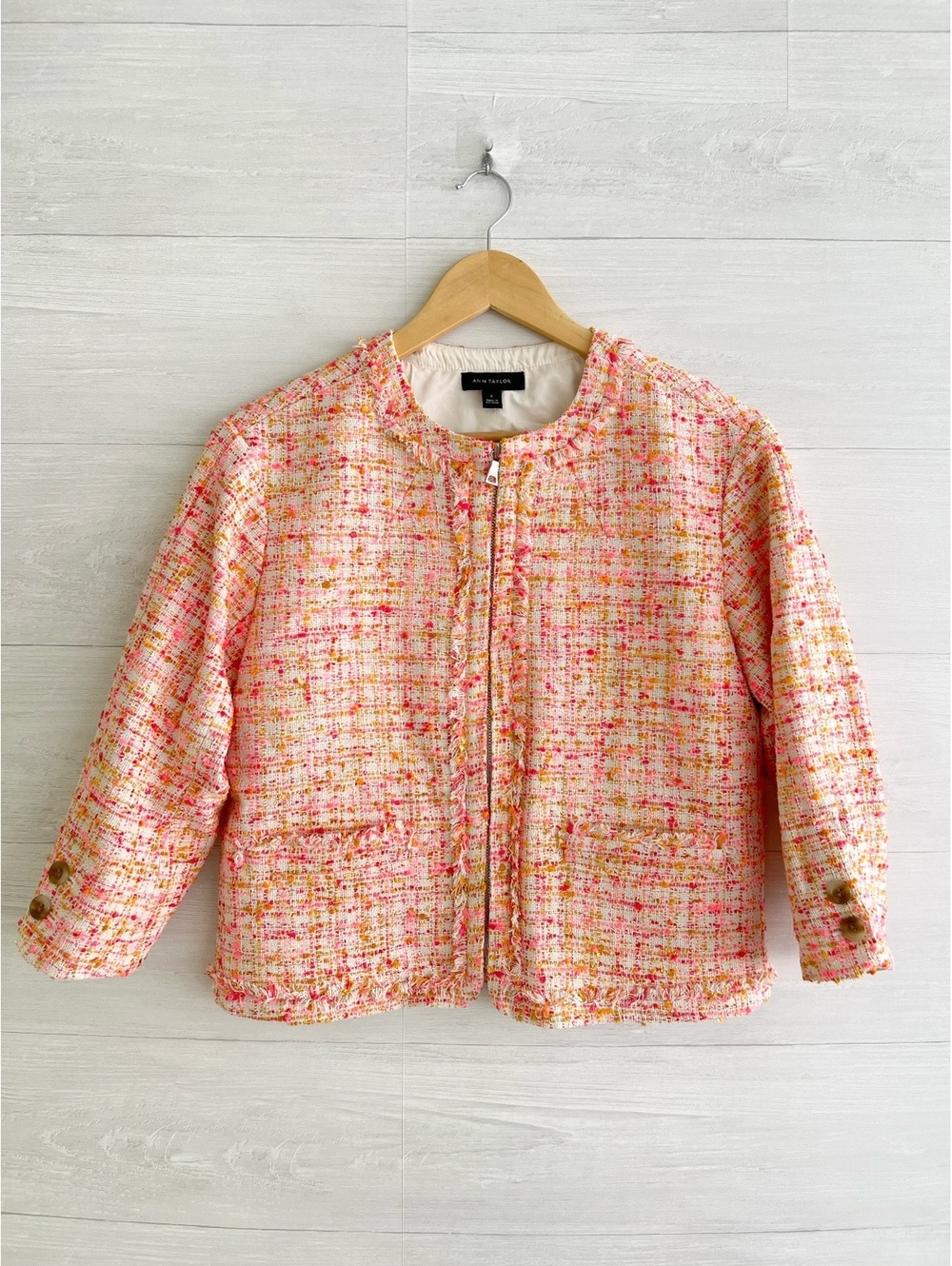 NWT Ann Taylor Neon Pink Orange Tweed Fringe Jacket Size 0